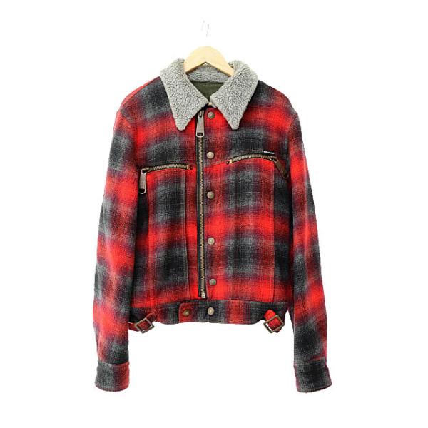 【中古】ドルチェ&ガッバーナ ドルガバ ロゴプレート 襟ボア チェック柄 ウール ライダース ジャケット  L赤●251031 DOLCE&GABBANA（ドルチェ & ガッバーナ） ドルガバ ロゴプレート 襟