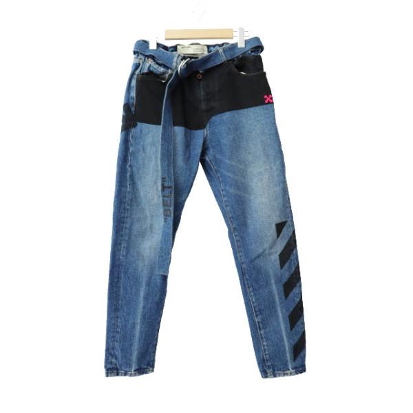 【中古】オフホワイト OFF WHITE 19AW バイアス ロゴ ベルテッド デニム パンツ ジーンズ OMYA005E19386045 29 251211 オフホワイト OFF WHITE 19AW バイアス ロゴ ベルテッド デニム パンツ