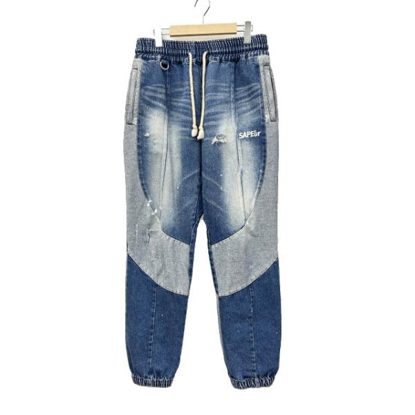SAPEur サプール Denim Track Pants ヴィンテージ加工 ロゴ刺繍 デニム