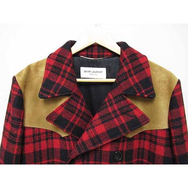 サンローラン パリ Saint Laurent Laurent Paris Paris 14aw レザー切替 ウール チェック ウール ウエスタン Pコート 赤 48 エディ期ブランド古着ベクトル中古 メンズ 037 ブランド古着販売のベクトル