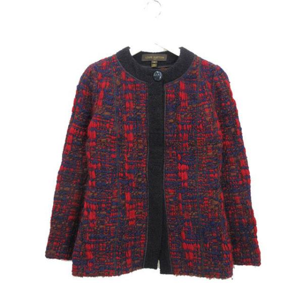 【中古】ルイヴィトン LOUIS VUITTON ニット ツイード ノーカラー コート ジャケット 36 レッド 赤 ネイビー 紺 LOUIS VUITTON（ルイ・ヴィトン） ニット ツイード ノーカラー コート