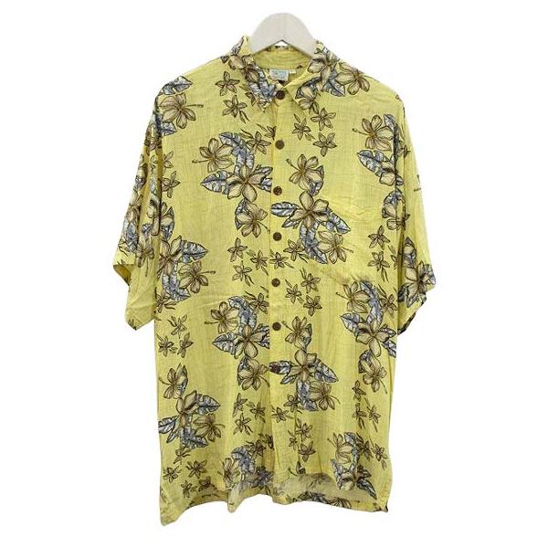 MAKAI BEACH WEAR アロハシャツ ハワイアンシャツ L イエロー レーヨン 半袖 プリント トップス メンズ