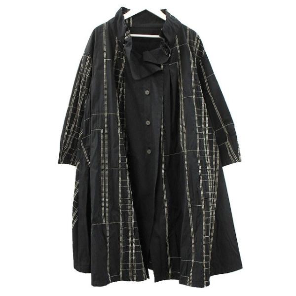 新品タグ付　慈雨　ジウ　コート　変形　総柄　デザイン　アート　40 L 黒 ジウ 慈雨 変形 デザイン コート ロング丈 40 灰系 グレー 総柄 ボタン