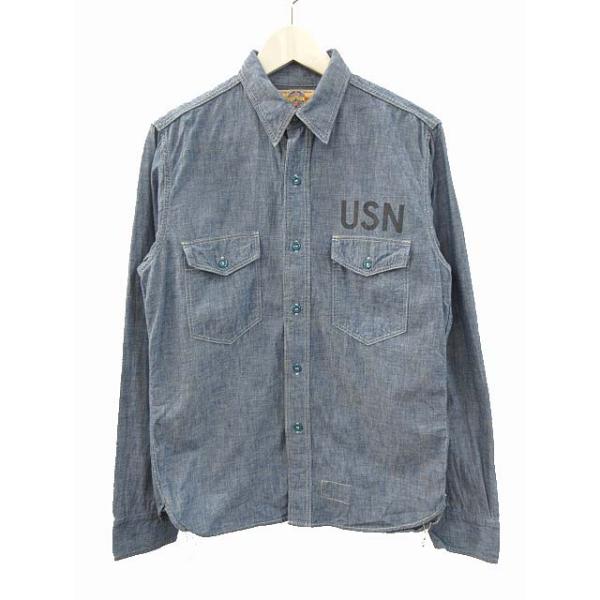 【中古】ザリアルマッコイズ THE REAL McCOY'S シャンブレーシャツ USN NAS BRUNSWICK プリント ブルー系 メンズ ザリアルマッコイズ THE REAL McCOY'S シャンブレーシャツ USN NAS