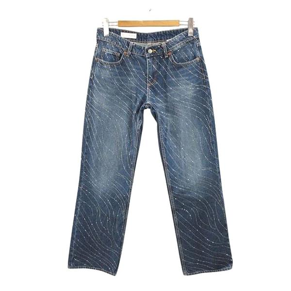 ZARA（ザラ） ローライズワイドレッグラインストーンデニムパンツ 38