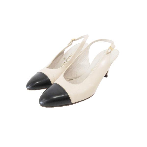 美品　シャネル　スリングバッグ　パンプス　ココマーク　バイカラー　ベージュ シャネル CHANEL スリングバック パンプス ココマーク バイカラー