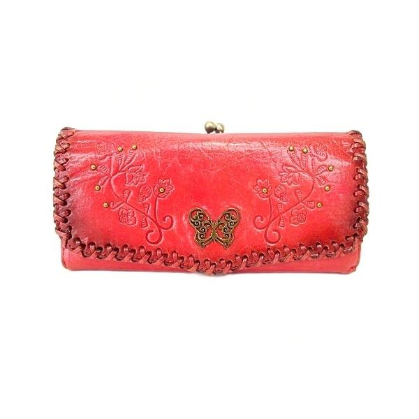 新品★アナスイ フラワーリップ 立体蝶々がま口 ファスナー 長財布 赤 ANNA SUI（アナスイ） 長財布 がま口 バタフライ レザー ベリー ピンク
