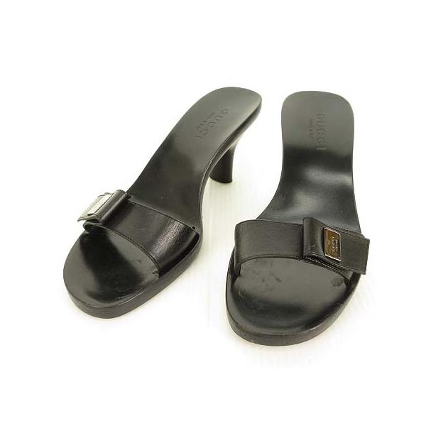 グッチ GUCCI ミュール ヒール サンダル レザー ロゴプレート 6.5