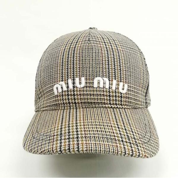 ミュウミュウ miumiu 2023 ロゴ グレンチェック ウール キャップ 帽子 