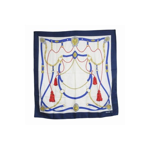 CELINE セリーヌ シルクスカーフ タッセル柄 ベルト柄 ネイビー  