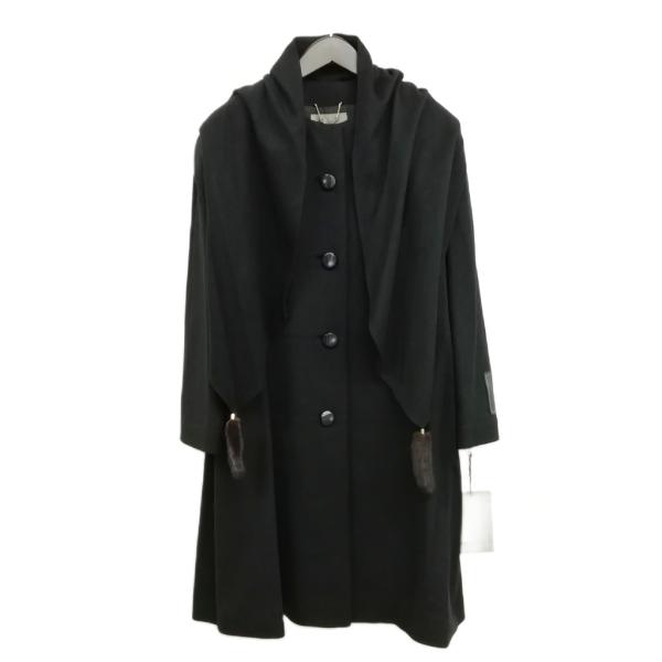 【中古】GARBO ガルボ カシミヤ ノーカラー コート ミンク付きストール付 9 ブラック レディース GARBO ガルボ カシミヤ ノーカラー コート ミンク付きストール付 9