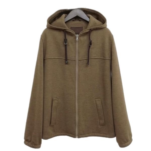 美品　プラダ スポーツ　レザージャケット　パーカー　本革　38 M カーキ系 プラダスポーツ PRADA SPORT レザージャケット ライダース フード収納