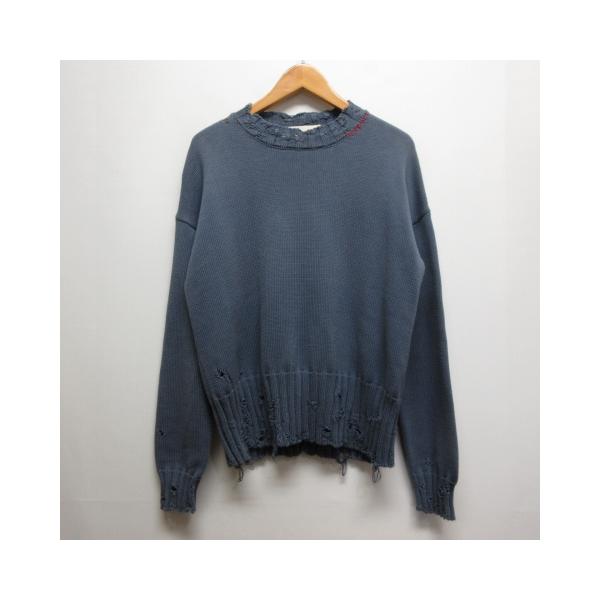 【中古】マルニ MARNI 美品 ダメージ コットン ニット セーター 42 ブルーグレー GCMG0210A0 UFC652 ロゴ刺繍 正規品 MARNI（マルニ） 美品 ダメージ コットン ニット セーター 42 ブルー
