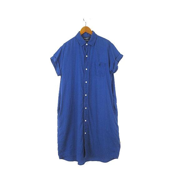美品 ジムフレックス 高品質フランダースリネン シャツワンピース 14 紺 ジムフレックス Gymphlex ロング シャツワンピース フランダース
