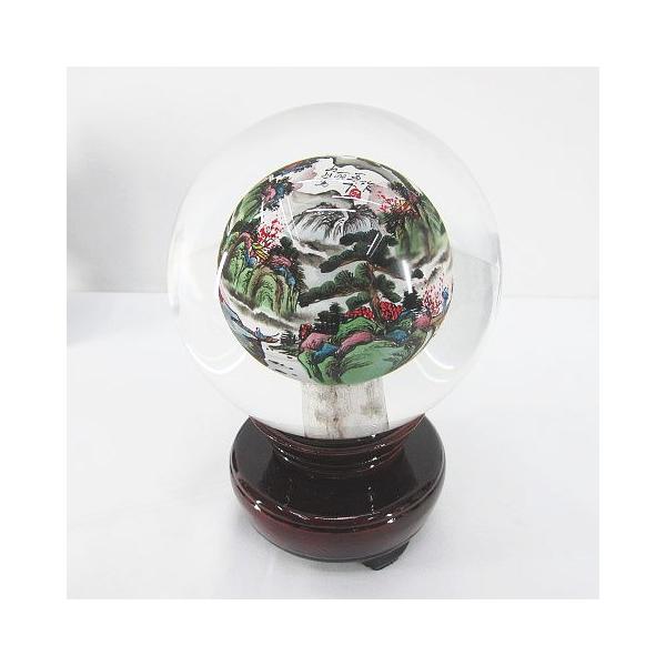 球内面繪画置物 中国工芸品 中国美術 内絵丸玉 木製台座付 水晶玉風 球