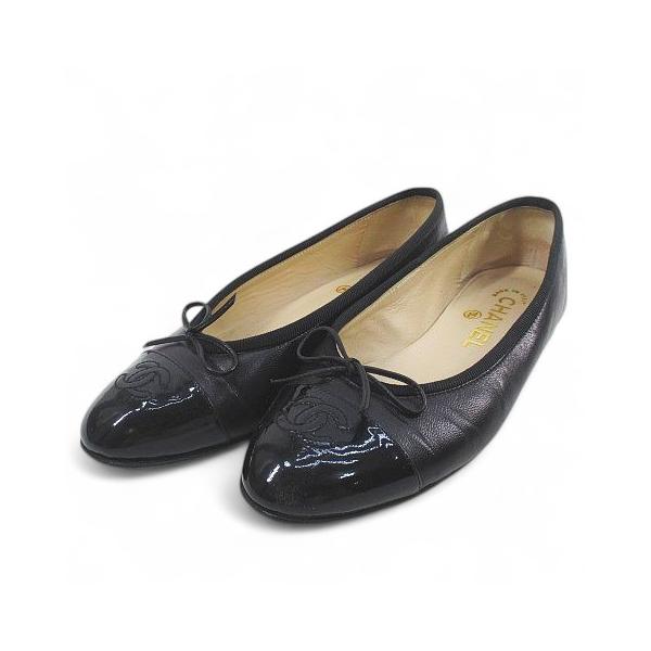 本物良品■シャネル■ココマークリボン パンプス/ブラックレザー/イタリア製/35 CHANEL シャネル フラットシューズ パンプス リボンココマーク 35