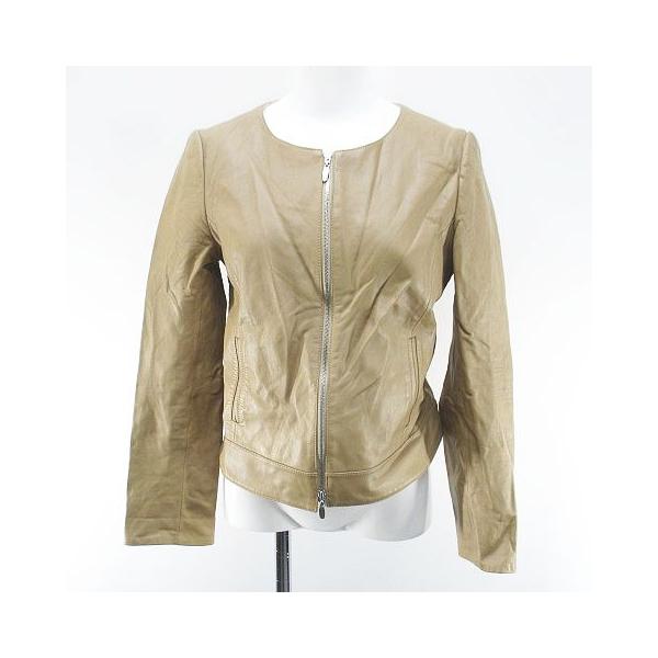 【中古】ブランベール blancvert レザージャケット 革ジャン ノーカラージャケット 羊革 38 ベージュ系 ジップアップ ブランベール blancvert レザージャケット 革ジャン ノーカラー