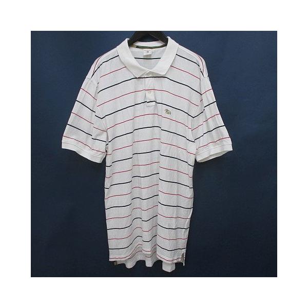 トミー TOMMY ボーダー柄 半袖 ポロシャツ XL 白系 ホワイト ハーフボタン 刺繍 サイドカット メンズ