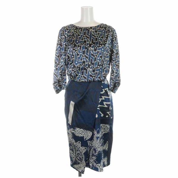 エトロ タイトワンピース ひざ丈 シルク 総柄 七分袖 40 L 紺 ネイビー