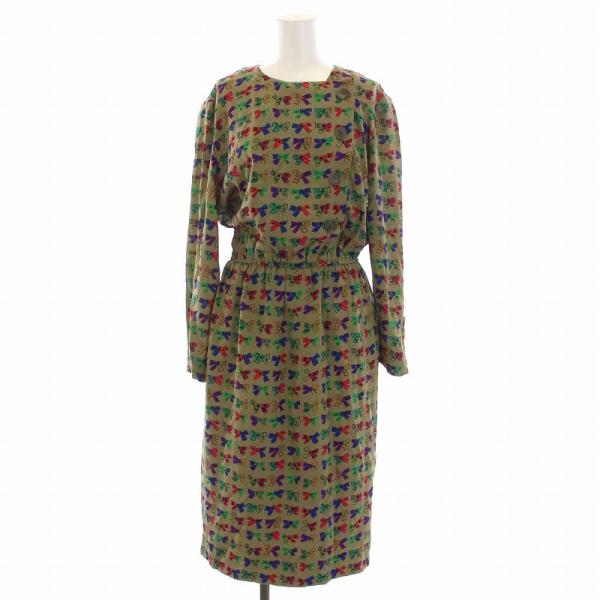 アクリス AKRIS ワンピース ロング リボン柄 ヴィンテージ 長袖 シルク  