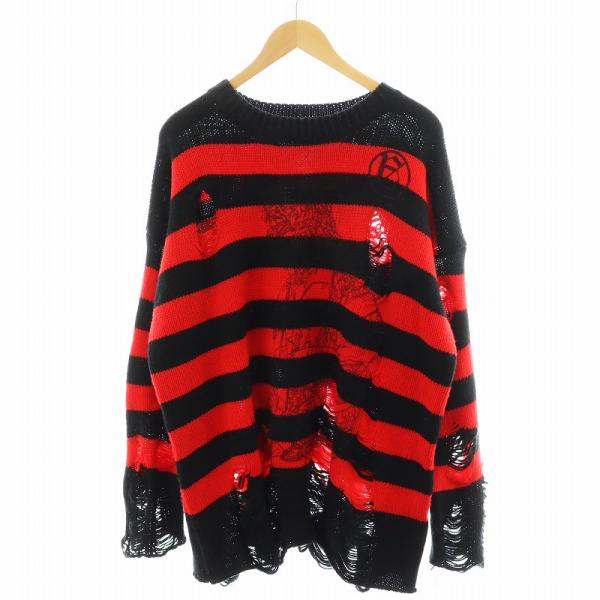 【中古】エースコレクション × A GOOD BAD INFLUENCE ニット セーター 長袖 ボーダー柄 ダメージ加工 赤 黒 エースコレクション ACE COLLECTION × A GOOD BAD INFLUENCE ニット