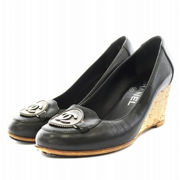 CHANEL チェーン ココマーク ウェッジソール パンプス レザー 黒 CHANEL シャネル ココマーク パンプス ウエッジソール ラウンド