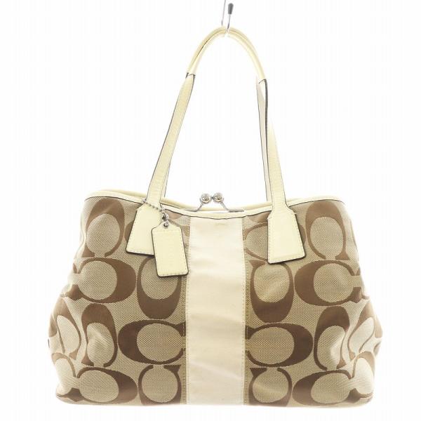 コーチ がま口バッグ シグネチャー ベージュ ゴールド　パーティーバック 中古・古着通販】COACH (コーチ) COACH シグネチャー がま口財布