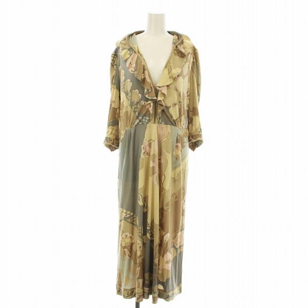 【中古】レオナール PARIS ワンピース フレア ロング マキシ 七分袖 Vネック フリル 総柄 シルク 44 ベージュ グレー LEONARD（レオナール） LEONARD PARIS ワンピース フレア ロング