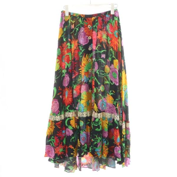 【中古】グッチ ケン スコット プリント ヴィスコース フレアスカート ロング丈 花柄 レース 40 マルチカラー GUCCI（グッチ） ケン スコット プリント ヴィスコース フレアスカート