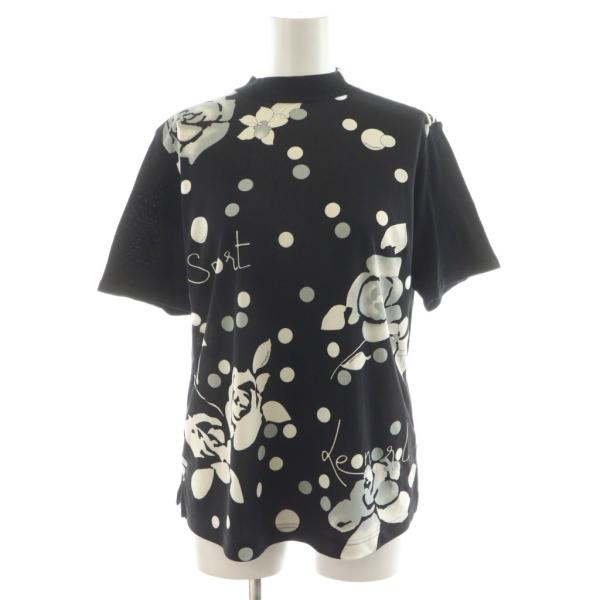 美品 LEONARD レオナール　半袖カットソー　黒　ロゴ　花柄　42 総柄 極美品✨レオナール トップス カットソー 半袖 ビッグロゴ 花柄 黒 LL