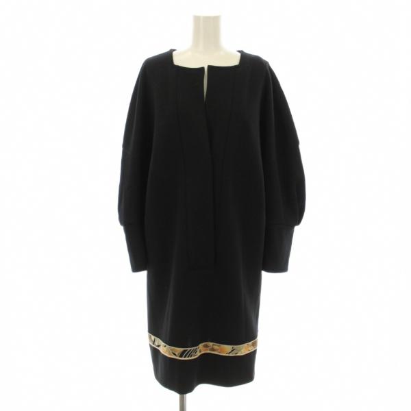 LEONARD 長袖ひざ丈ワンピース 黒36Size LEONARD レオナール ワンピース ひざ丈 長袖 切替 総柄 ウール