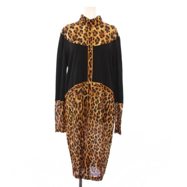 【中古】レオナール LEONARD PARIS ワンピース ひざ丈 長袖 レオパード ヒョウ柄 42 黒 茶 0440885 /KH レディース LEONARD（レオナール） LEONARD PARIS ワンピース ひざ丈 長袖
