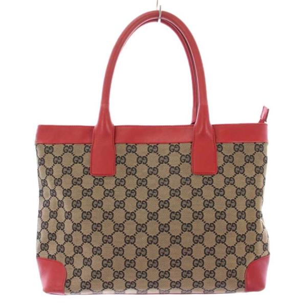 希少色グッチGUCCI キャンバストートバッグ ベージュ　レッド GUCCI グッチ トートバッグ ハンドバッグ GGキャンバス レザー