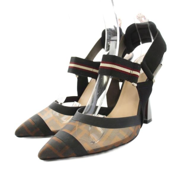 【中古】フェンディ コリブリ ライト ブラウンFFメッシュスリングバックシューズ ズッカ柄 36 黒 ●D レディース FENDI（フェンディ） コリブリ ライト ブラウンFFメッシュスリング