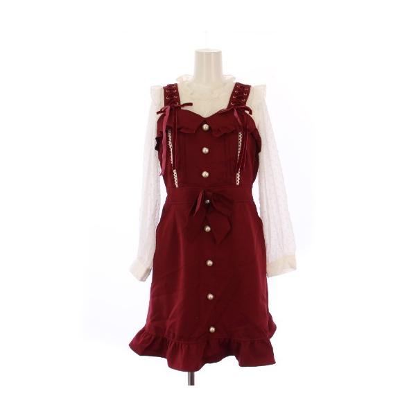 【中古】リズリサ LIZ LISA ワンピース ひざ丈 長袖 ブラウスドッキング リボン フリル 0 赤 白 195-6014-0 /BM レディース リズリサ LIZ LISA ワンピース ひざ丈 長袖 ブラウスドッキング リボン