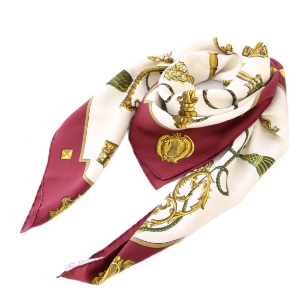 【中古】エルメス HERMES カレ90 LES CLES THE KEYS RARE スカーフ 正方形 シルク 総柄 ボルドー 白 ホワイト HERMES（エルメス） カレ90 LES CLES THE KEYS RARE スカーフ 正方形