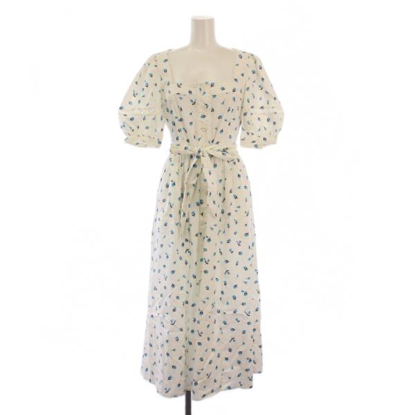 【中古】ケイトスペード KATE SPADE フレアワンピース ミモレ ロング 半袖 パフスリーブ スクエアネック 花柄 白 青 kate spade NEW YORK（ケイト・スペード ニューヨーク） ケイト