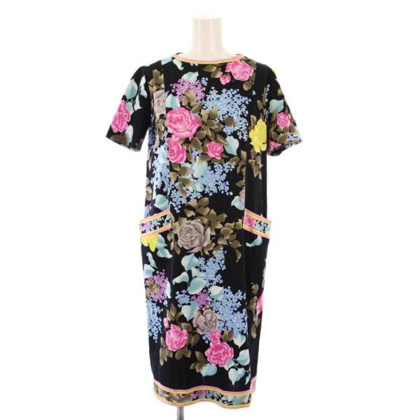 【中古】レオナール LEONARD FASHION ワンピース ひざ丈 半袖 クルーネック ストレッチ 花柄 38 黒 マルチカラー LEONARD（レオナール） LEONARD FASHION ワンピース ひざ丈 半袖