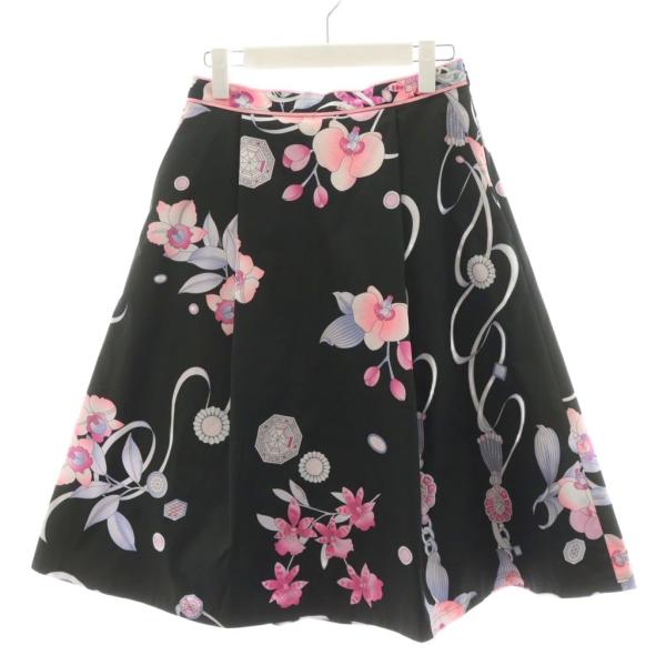 【中古】未使用品 レオナール LEONARD ファッション FASHION フレアスカート ひざ丈 花柄 2 ピンク 黒 LEONARD（レオナール） 未使用品 ファッション FASHION フレアスカート