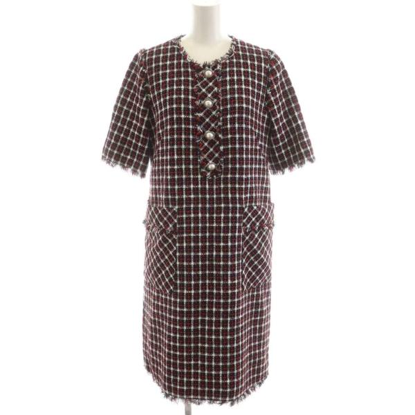 【中古】ルネ Rene 25年製 ワンピース ミモレ ロング 半袖 ツイード パールボタン ノーカラー 34 赤 黒 白 Rene（ルネ） Rene 25年製 ワンピース ミモレ ロング 半袖 ツイード
