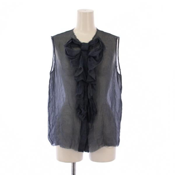 【中古】シャネル CHANEL シャツ ブラウス フリル ノースリーブ シアー シースルー シルク 38 紺 ネイビー CHANEL（シャネル） シャツ ブラウス フリル ノースリーブ シアー