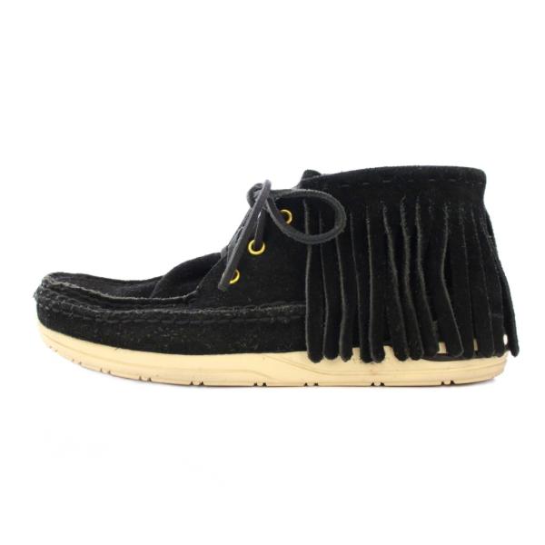 【中古】ビズビム VISVIM VOYAGEUR MOC SHAMAN-FOLK モカシンシューズ スクエアトゥ フリンジ スエード 26cm 黒 ビズビム VISVIM VOYAGEUR MOC SHAMAN-FOLK モカシンシューズ スクエア