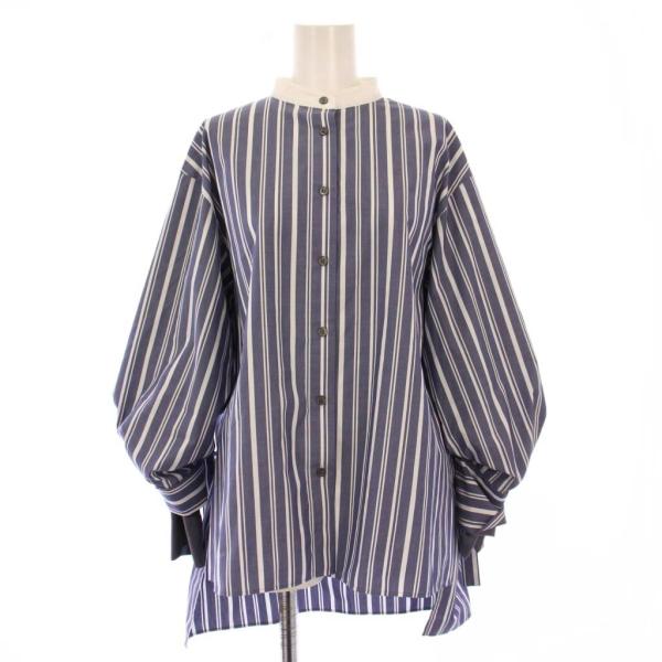 美品⁑ アドーア　マルチストライプシャツ　グレー×ホワイト　38 長袖　ブラウス アドーア ADORE マルチストライプシャツ ブラウス 長袖 バンドカラー