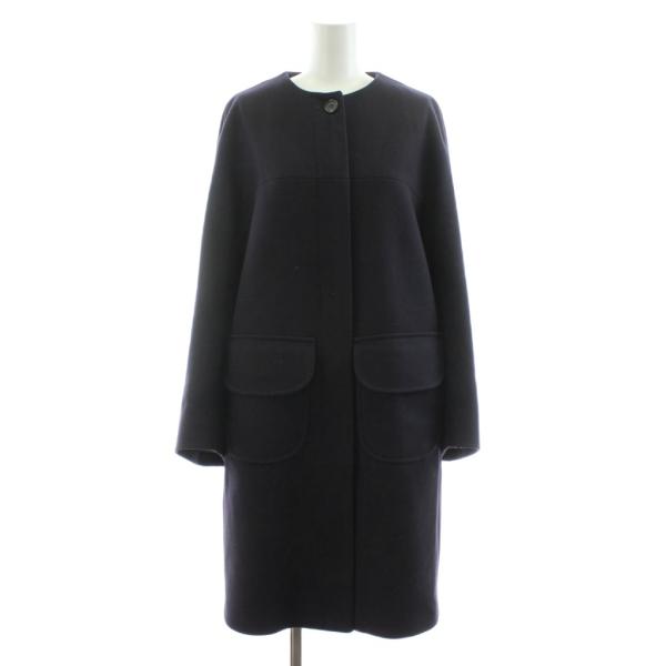【美品】ジルサンダー カシミヤ ウール ロングコート ブラック 36 ジルサンダー JIL SANDER NAVY ノーカラーコートロング ウール 36 紫