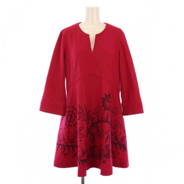 【中古】アルベロベロ ワンピース ひざ丈 七分袖 スキッパーネック ウール ピンク レディース アルベロベロ ALBEROBELLO olleborebla ワンピース ひざ丈 七分袖