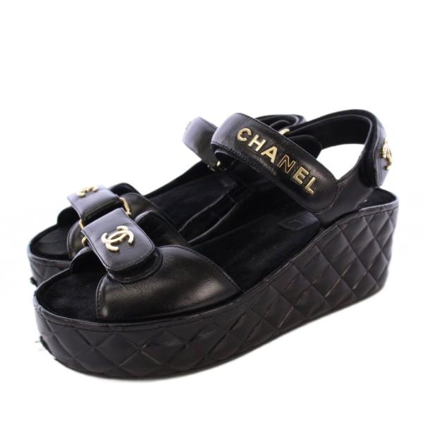 【中古】シャネル CHANEL サンダル シャイニーカーフスキン ココマーク マトラッセ レザー 38C 黒 G37455 /KH CHANEL（シャネル） サンダル シャイニーカーフスキン ココマーク
