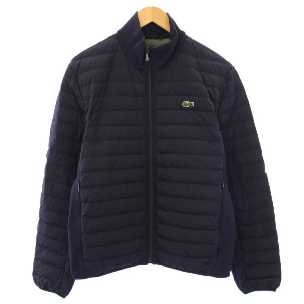 【中古】ラコステ リブニットスタンドカラーダウンジャケット キルティング ナイロン アウター ショート丈 ロゴ 紺 LACOSTE（ラコステ） リブニットスタンドカラーダウンジャケット