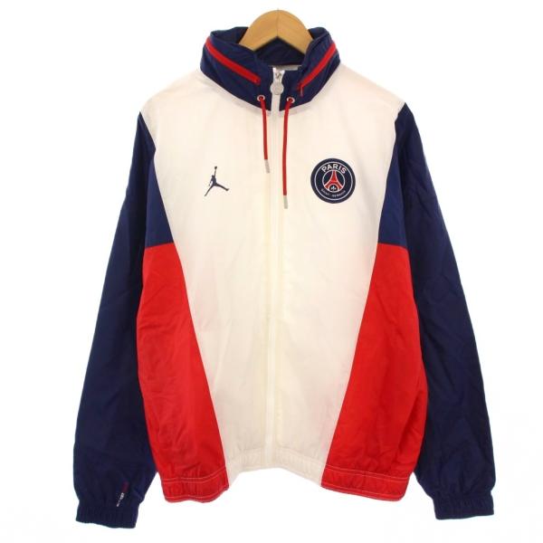 【中古】ナイキ JORDAN PSG ナイロンフーディジャケット スタンドカラー アウター ジップアップ ロゴ XL 白 紺 NIKE（ナイキ） NIKE JORDAN PSG NYLON HOODED JKT ナイロンフーディ
