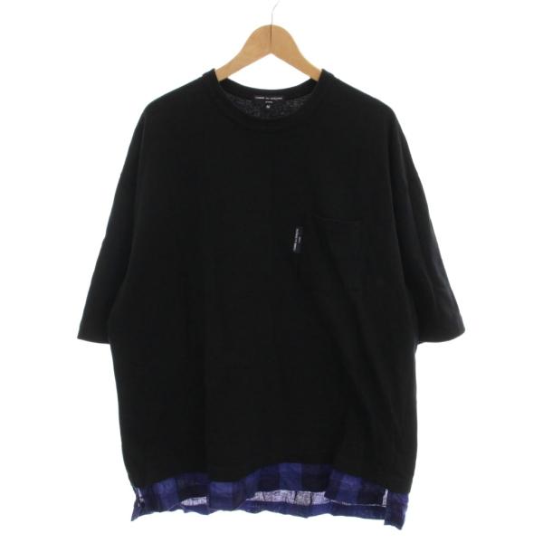 【中古】コムデギャルソンオム AD2021 Tシャツ カットソー 半袖 M 黒 ブラック レイヤード 裾チェック HI-T016 コムデギャルソンオム COMME des GARCONS HOMME AD2021 Tシャツ