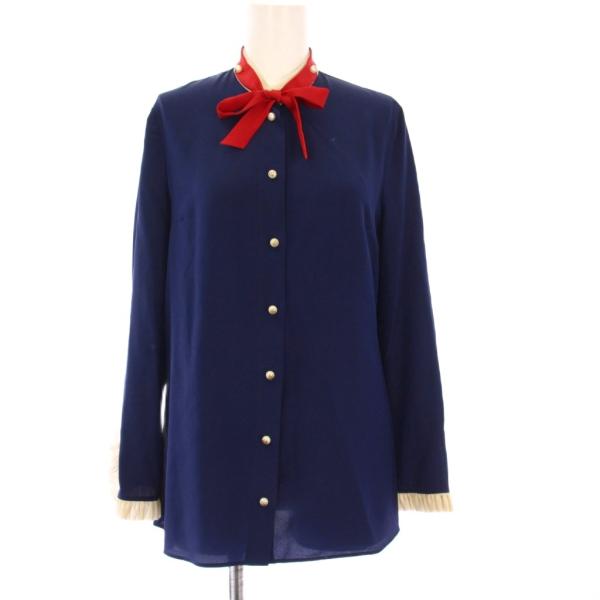 美品♡グッチ ロゴボタン シルク100% ボウタイブラウス リボン 36 紺 